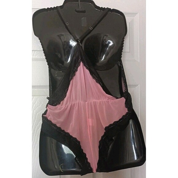 Pink Sheer Mesh Teddy Bodysuit Romper Size XL Black Lace Trim Adjustable Straps - Picture 2 of 7